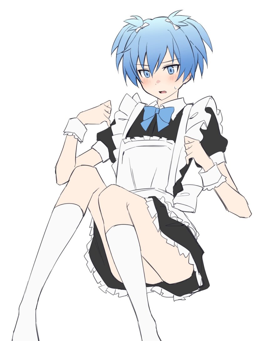 1boy, alternate_costume, ansatsu_kyoushitsu, apron, back_bow, black_dress, blue_bow, blue_bowtie