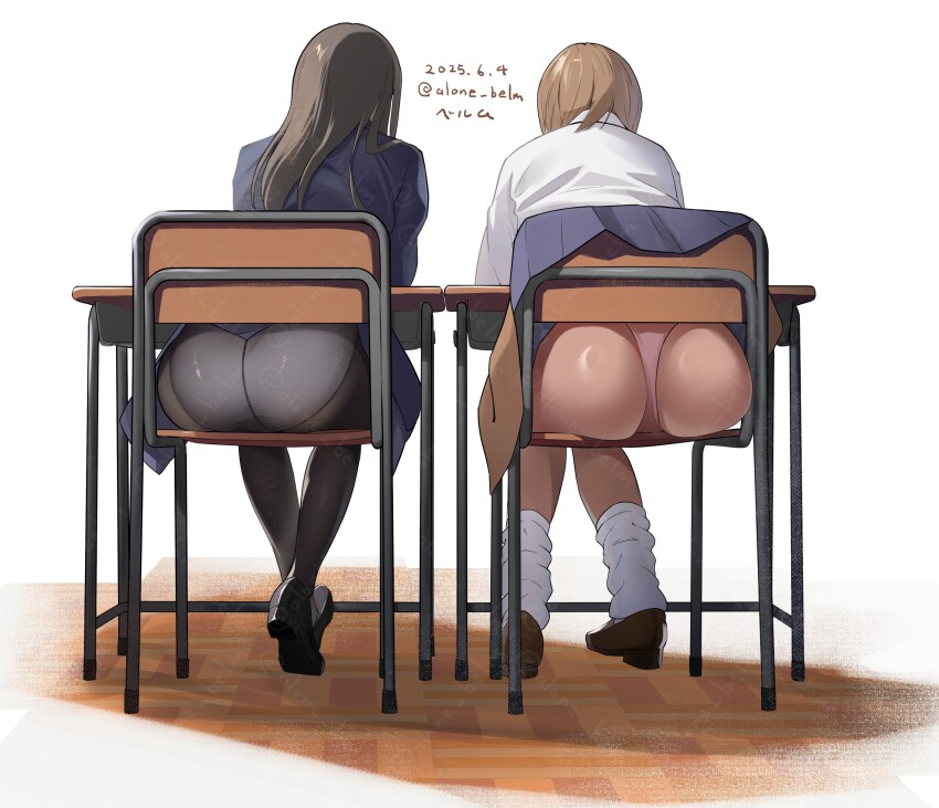 2girls, absurdres, accidental_exposure, alone_belm, ass, black_hair, brown_hair, chair
