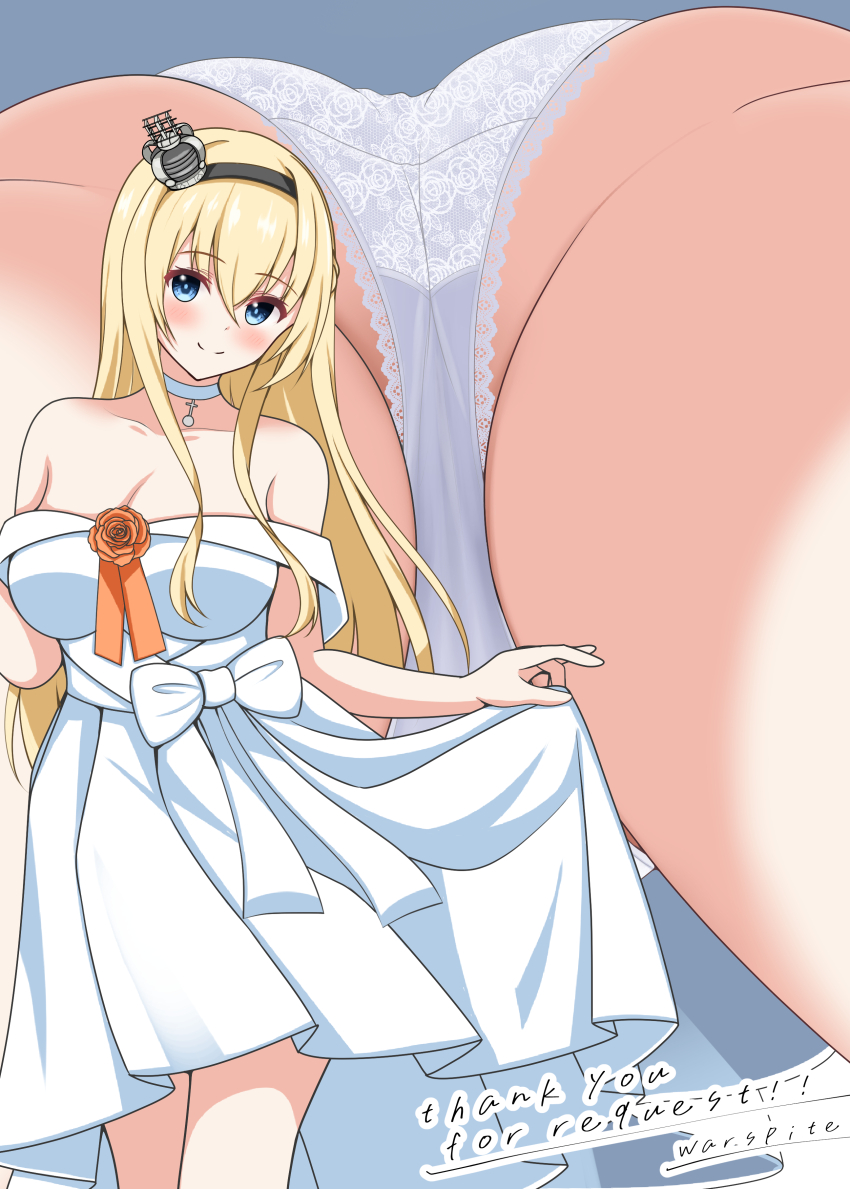 1girl, abataa, absurdres, ass, blonde_hair, blue_eyes, braid, breasts, choker, cleavage, crown, dress, flower, from_below, half_up_braid, highres, kantai_collection, long_hair, looking_at_viewer, mini_crown, mtu_virus, multiple_views, off-shoulder_dress, off_shoulder, official_alternate_costume, orange_flower, orange_rose, panties, rose, smile, underwear, upskirt, very_long_hair, voyeur_pov, warspite_(anniversary)_(kancolle), warspite_(kancolle), white_choker, white_dress, white_panties