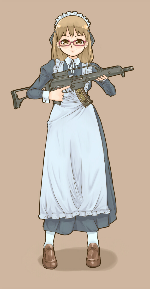1girl, apron, assault_rifle, female_focus, g36k, glasses, gun, highres, holding, holding_gun, holding_weapon, maid, maid_apron, maid_headdress, rifle, smile, solo, soredemo_machi_wa_mawatteiru, tatsuno_toshiko, tomo_(f2000), trigger_discipline, weapon