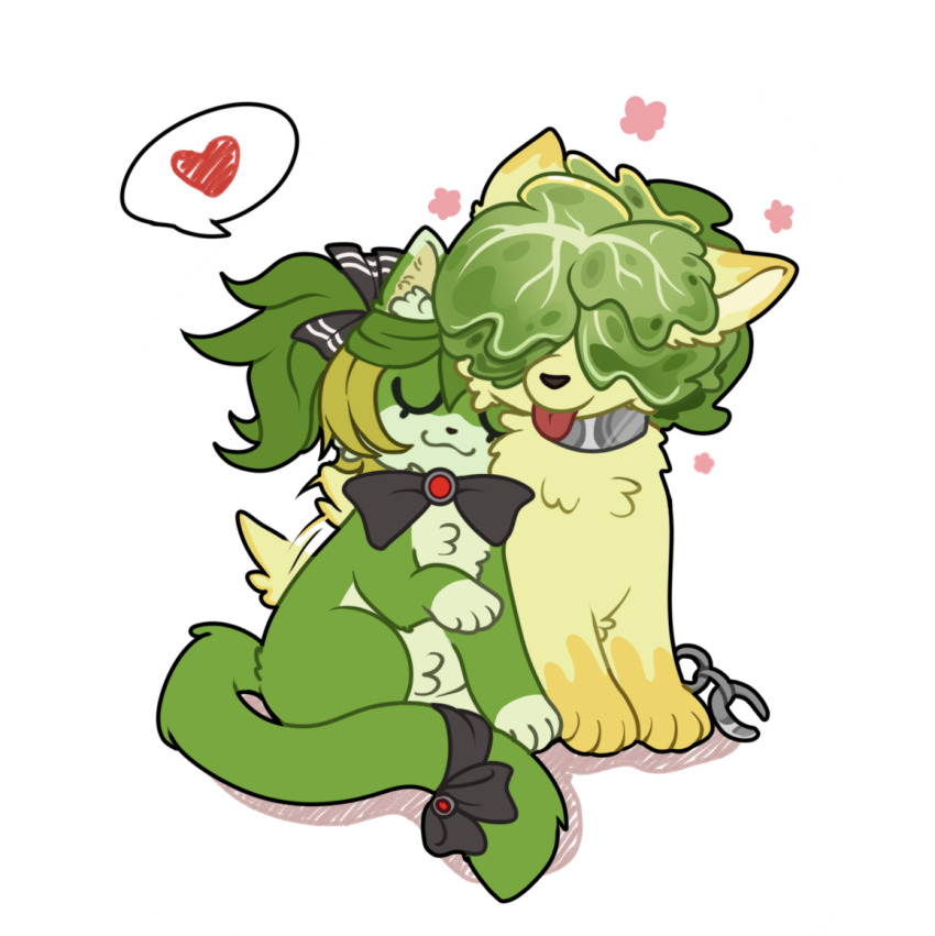 :3, animal, animal_ear_fluff, animal_focus, animalization, black_bow, black_bowtie, blonde_hair, boom_balloon_flower_(plants_vs._zombies), bow, bowtie, brooch, cat, chain, chinese_commentary, closed_eyes, closed_mouth, commentary_request, covered_eyes, flower, food-themed_hair, green_hair, hair_between_eyes, hair_over_eyes, headbutter_lettuce, heart, jewelry, multicolored_hair, no_humans, pink_flower, plants_vs._zombies, plants_vs._zombies_2, shadow, short_hair, side_ponytail, simple_background, spoken_heart, streaked_hair, tail, tail_bow, tail_ornament, tail_wagging, tongue, tongue_out, traditional_bowtie, two-tone_hair, u_u, veghia, white_background