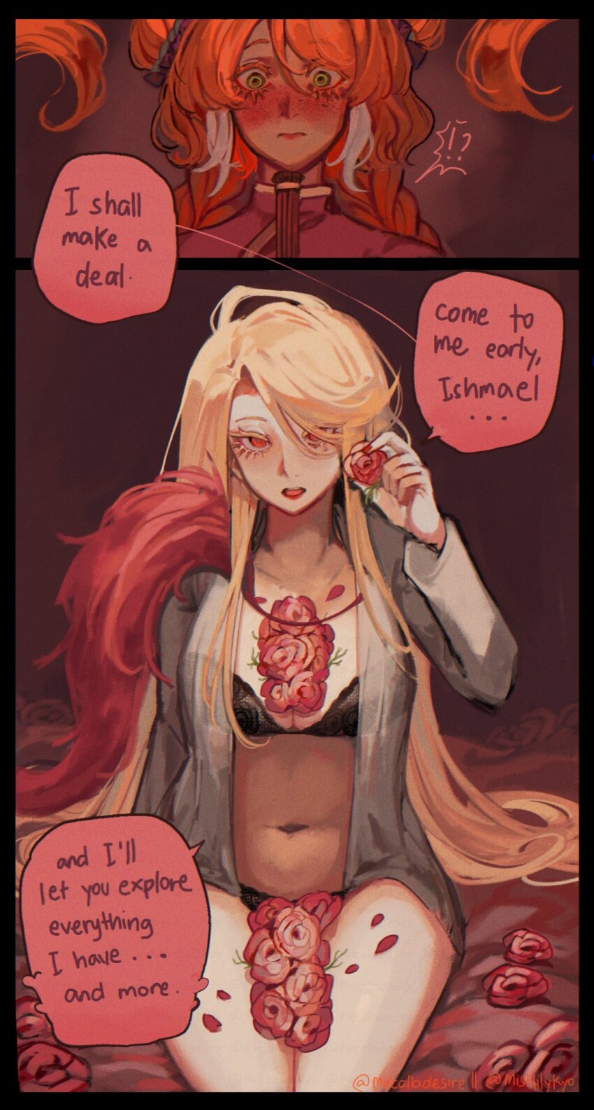 2girls, black_bra, black_panties, blonde_hair, blush, bra, breasts, don_quixote_(project_moon), flower, flower_on_chest, flower_on_leg, freckles, highres, holding, holding_flower, hongyuan_(identity)_(project_moon), ishmael_(project_moon), la_manchaland_(identity)_(project_moon), large_breasts, limbus_company, lunacy_(limbus_company), mircalladesire, multiple_girls, open_clothes, open_shirt, panties, presenting, project_moon, red_eyes, rose, underwear, yuri