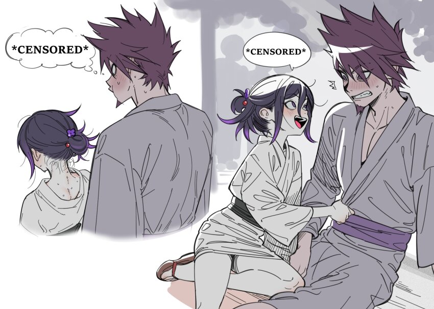 2boys, alternate_costume, alternate_hairstyle, black_hair, blush, danganronpa_(series), danganronpa_v3:_killing_harmony, facial_hair