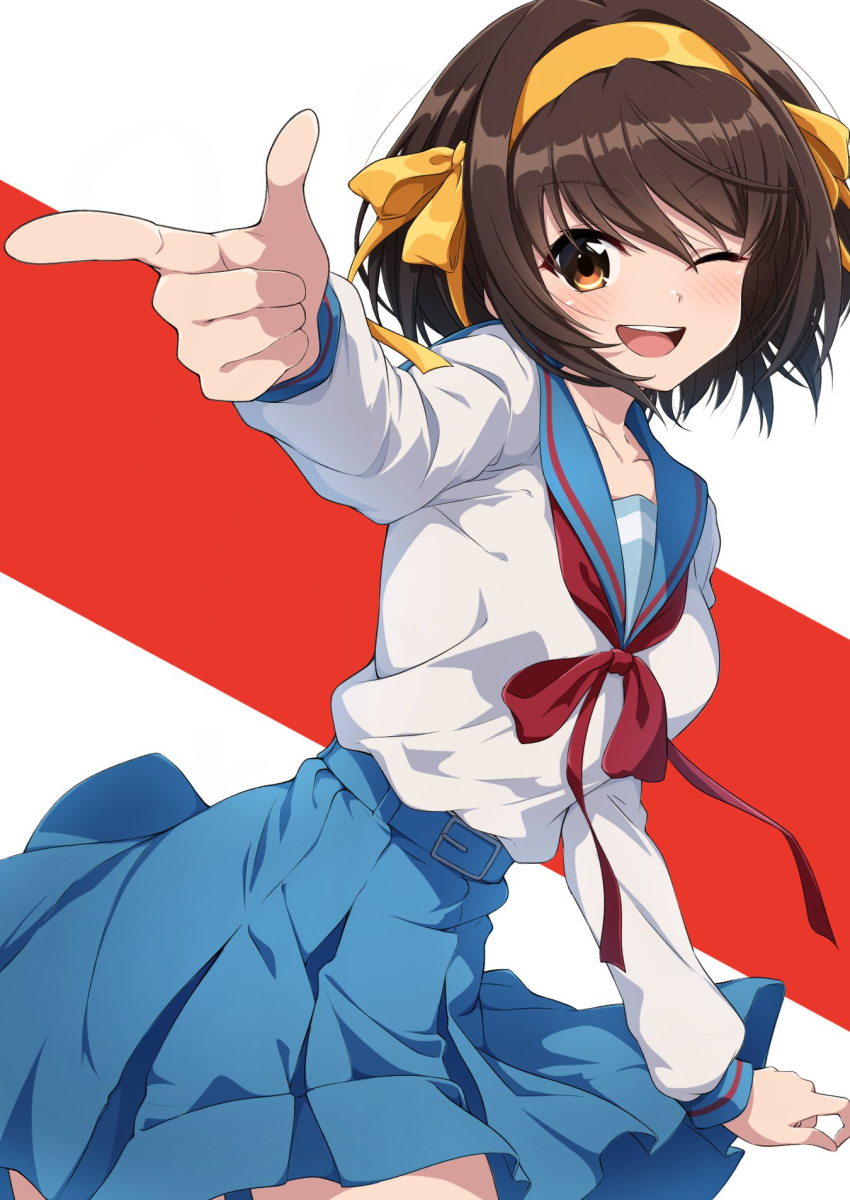 1girl, :d, belt, belt_buckle, blue_belt, blue_sailor_collar, blue_skirt, blush, breasts, brown_hair, buckle, cowboy_shot, finger_gun, hair_intakes, hair_over_hairband, hair_ribbon, hairband, highres, kita_high_school_uniform, long_sleeves, looking_at_viewer, medium_breasts, neckerchief, nishizuki_shino, one_eye_closed, open_mouth, orange_eyes, pleated_skirt, red_neckerchief, ribbon, sailor_collar, school_uniform, serafuku, shirt, short_hair, skirt, smile, solo, standing, suzumiya_haruhi, suzumiya_haruhi_no_yuuutsu, teeth, upper_teeth_only, white_background, white_shirt, winter_uniform, yellow_hairband, yellow_ribbon