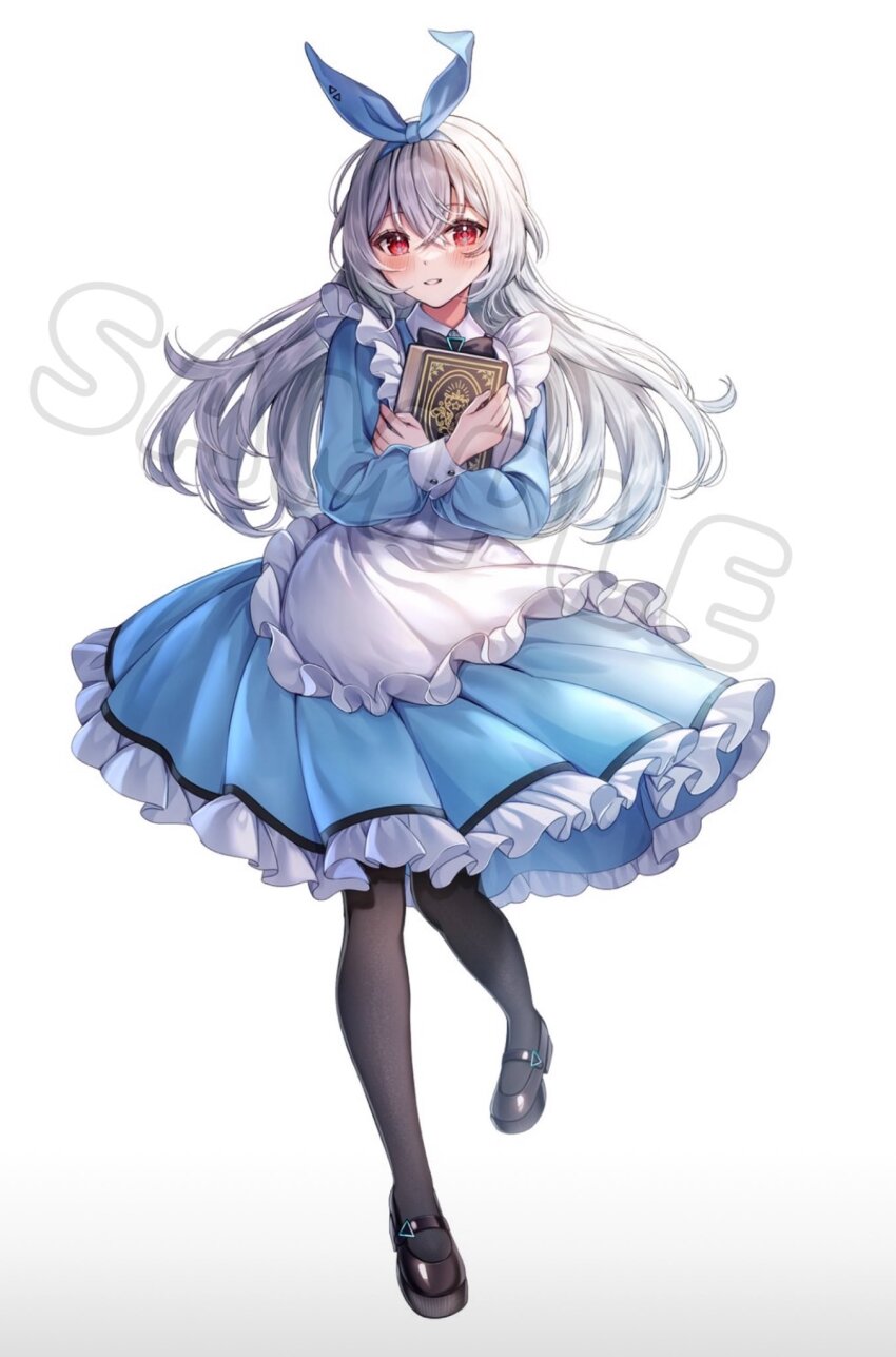 1girl, apron, black_pantyhose, black_shoes, blue_dress, blue_hairband, blush, book