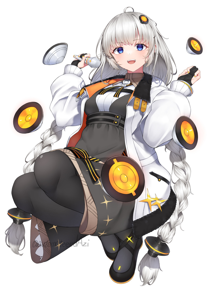 1girl, :d, absurdres, black_gloves, blue_eyes, blush, braid, breasts