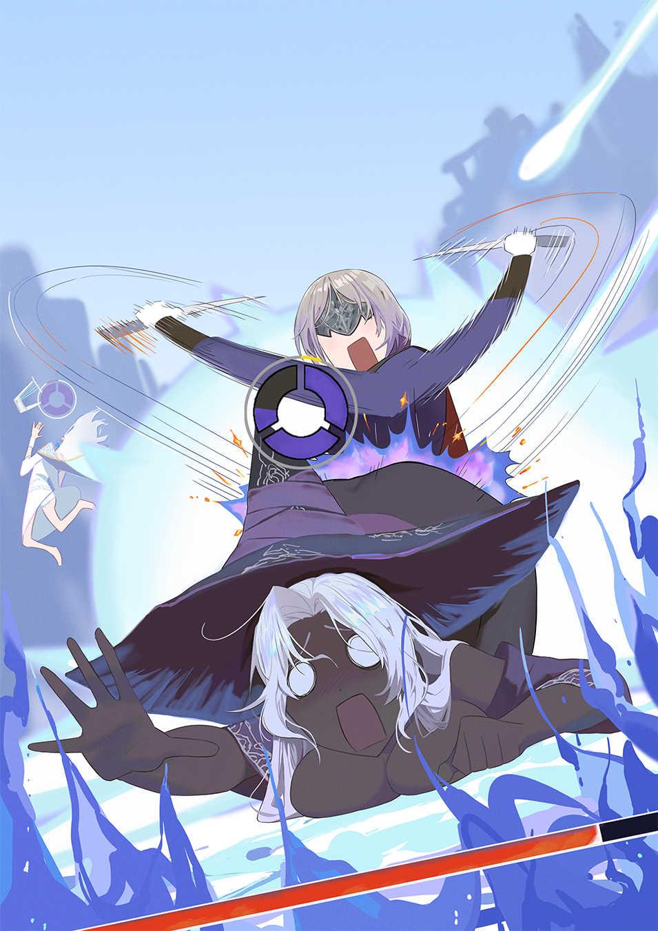 3girls, ass_smack, bei_chelun_de_daquan_yangcong_anakin, black_hat, blindfold, blindfold_mask, chibi, chibi_only, dark-skinned_female, dark_skin, dress, duchess_(elden_ring), elden_ring, elden_ring_nightreign, gameplay_mechanics, grey_hair, hat, health_bar, highres, holding, holding_weapon, mask, multiple_girls, o_o, open_mouth, recluse_(elden_ring), revenant_(elden_ring), weapon, white_dress, white_hair, witch_hat