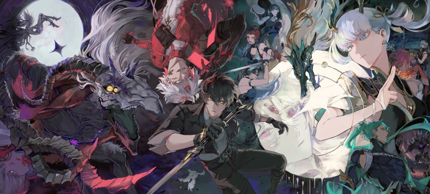 3boys, 6+girls, abby_(wuthering_waves), baizhi_(wuthering_waves), black_dress, black_hair, black_jacket, black_pants