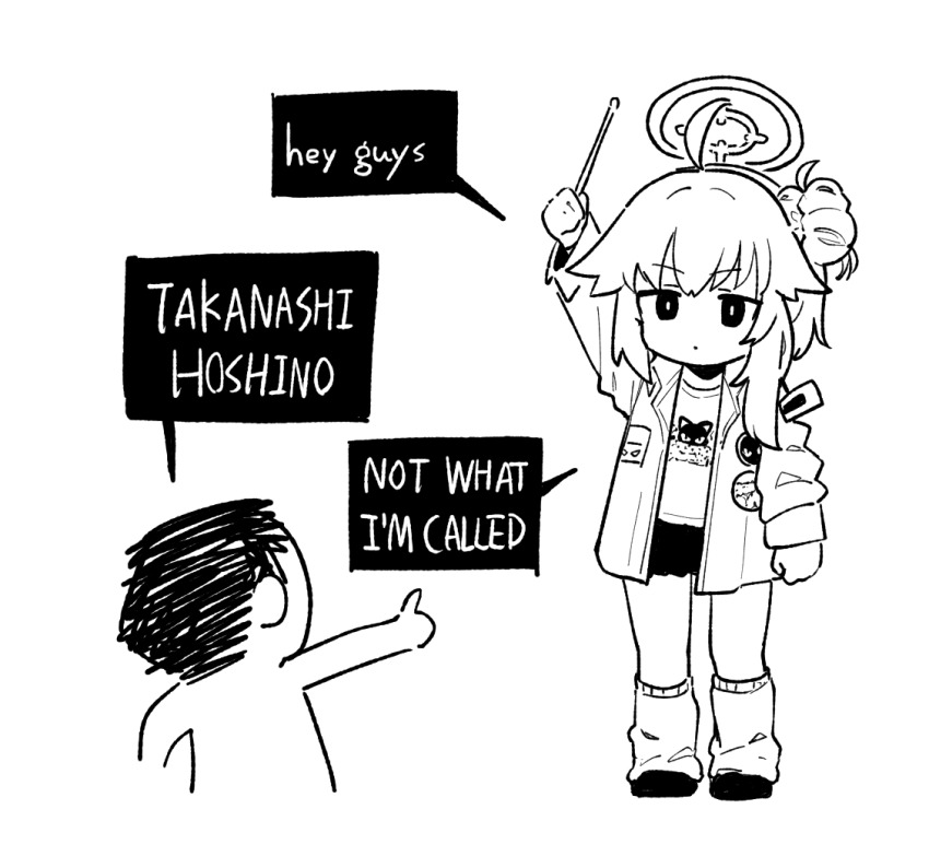 1boy, 1girl, ahoge, arm_up, asahina_yoshitoshi, blue_archive, doodle_sensei_(blue_archive), drumsticks