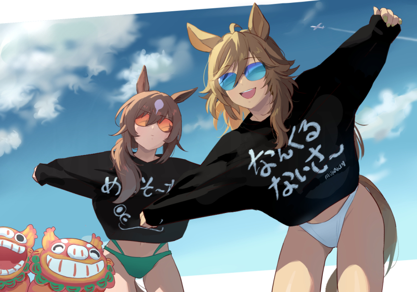 2girls, ahoge, aircraft, airplane, animal_ears, bikini, black_shirt, brown_hair