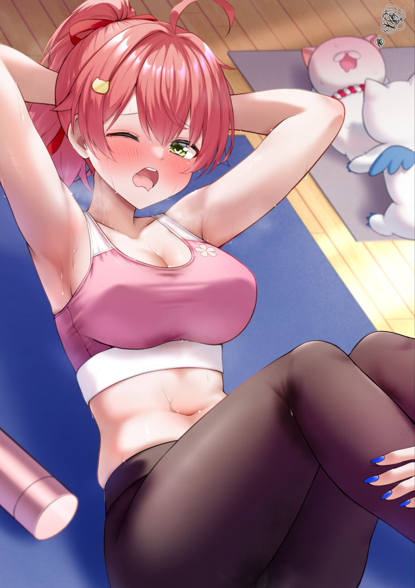 2girls, 35p_(sakura_miko), ahoge, armpits, arms_behind_head, arms_up, bare_arms, black_pants, blue_nails, blush, breasts, cleavage, commentary_request, covered_erect_nipples, exercising, faubynet, fitness_gym, green_eyes, hair_between_eyes, hair_ornament, hairclip, heavy_breathing, highres, hololive, hoshimachi_suisei, indoors, large_breasts, leg_grab, midriff, multiple_girls, nail_polish, navel, one_eye_closed, open_mouth, pants, pink_hair, pink_sports_bra, ponytail, sakura_miko, short_hair, sit-up, sports_bra, sweat, takoyaki_(hoshimachi_suisei), teeth, upper_teeth_only, virtual_youtuber, wavy_mouth, yoga_mat, yoga_pants