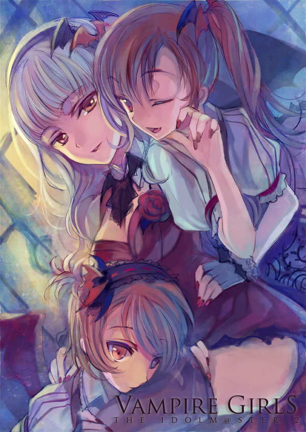 10s, 3girls, ame_yamori, bad_id, bad_pixiv_id, bat_(animal), breasts, brown_eyes