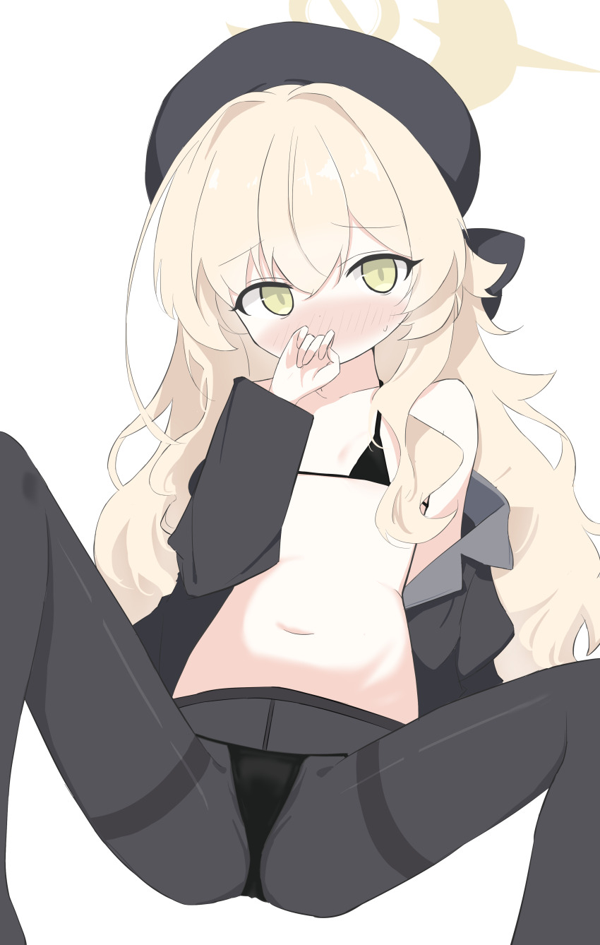 absurdres, beret, bikini, black_coat, black_hat, black_pantyhose, blue_archive, blush