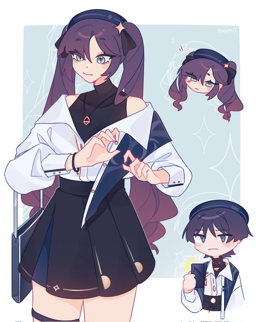 1boy, 1girl, alternate_hairstyle, artist_name, bag, beret, black_bow, black_hair