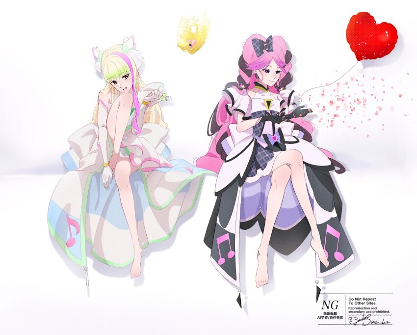 2girls, balloon, bare_legs, bare_shoulders, barefoot, black_gloves, blonde_hair, blunt_bangs