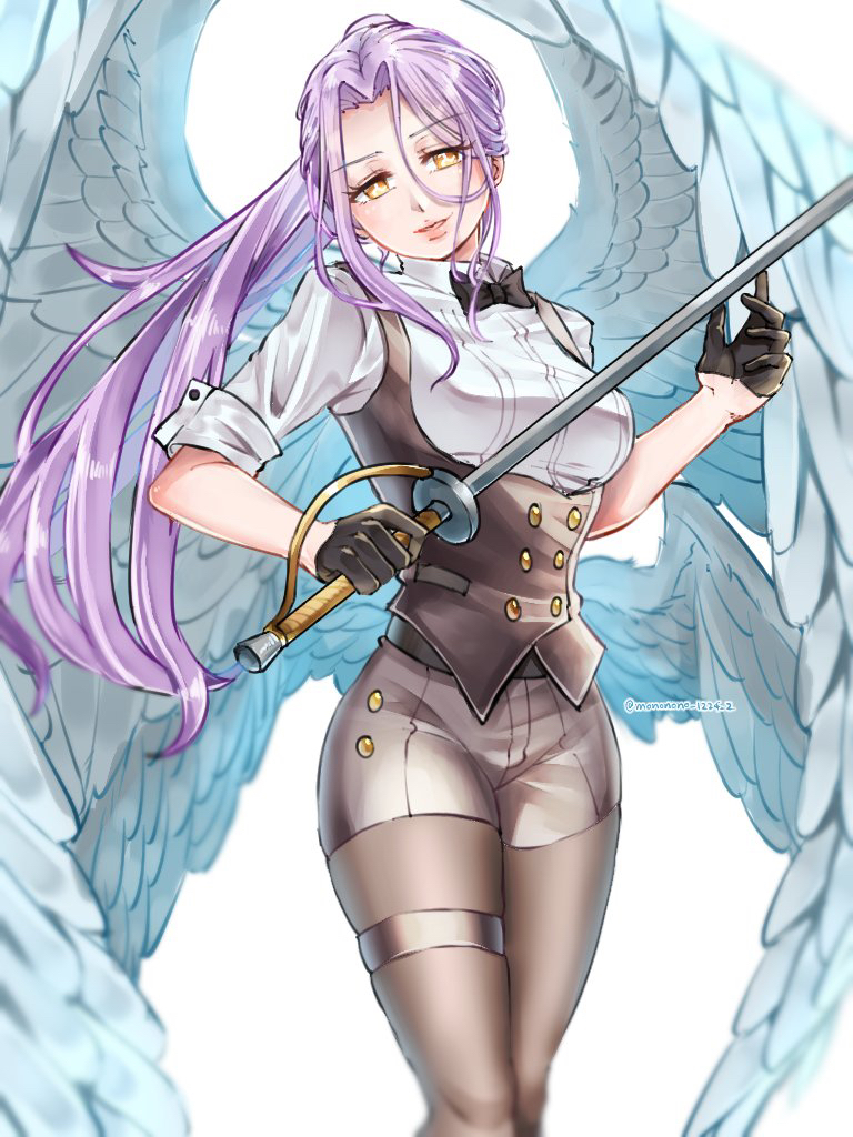 1girl, alternate_costume, artist_name, black_bow, black_bowtie, black_gloves, black_pantyhose, black_shorts, black_vest, bow, bowtie, commentary, feathered_wings, gloves, holding, holding_sword, holding_weapon, looking_at_viewer, low_wings, ludociel_(nanatsu_no_taizai), margaret_liones, mononono_1224, multiple_wings, nanatsu_no_taizai, pantyhose, ponytail, possessed, purple_hair, shirt, shorts, simple_background, smile, solo, sword, symbol-shaped_pupils, twitter_username, vest, weapon, white_background, white_shirt, wings, yellow_eyes