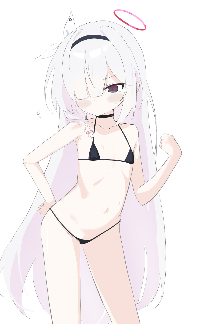 absurdres, bikini, black_choker, black_sailor_collar, blue_archive, choker, hair_over_one_eye, hairband