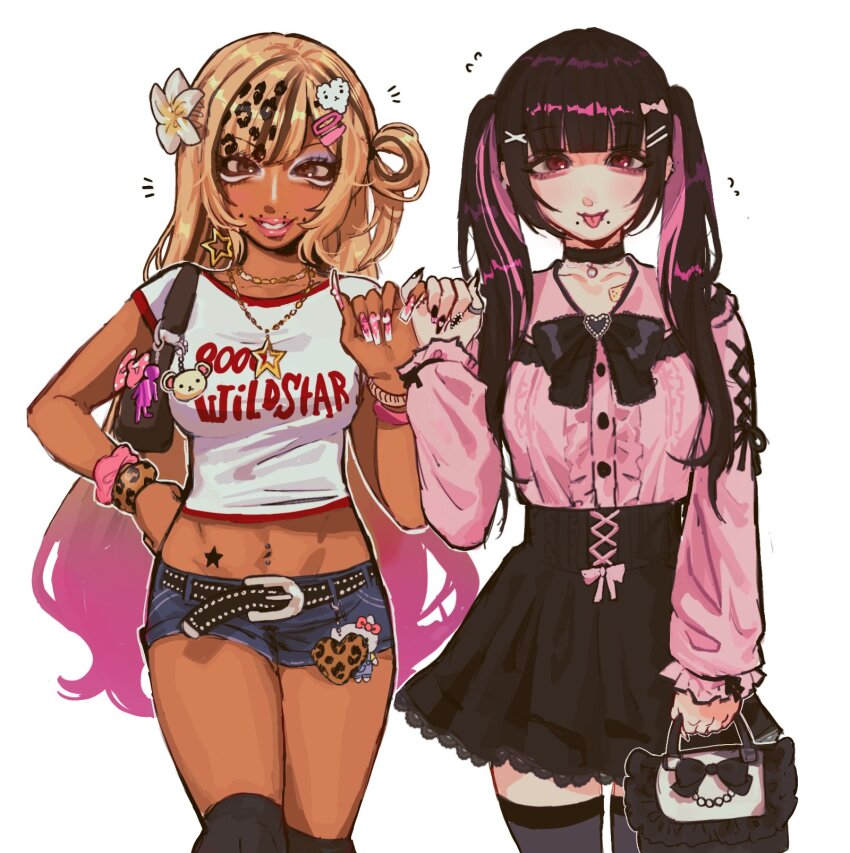 2girls, aegyo_sal, bag, belt, belt_charm, black_belt, black_bow, black_bowtie, black_hair, black_skirt, blonde_hair, bow, bowtie, character_charm, charm_(object), clothes_writing, commentary, couple, crop_top, dark-skinned_female, dark_skin, denim, denim_shorts, english_commentary, fashion, fingernails, flower, gradient_hair, gyaru, gyaru_makeup, hair_flower, hair_ornament, hairclip, handbag, hello_kitty, hello_kitty_(character), highlighter_(makeup), highres, jirai_kei, korilakkuma, long_fingernails, long_hair, looking_at_viewer, makeup, midriff, multicolored_hair, multiple_girls, original, pink_hair, pink_shirt, san-x, sanrio, sauvievie0, shirt, shorts, simple_background, skirt, standing, tan, tattoo, thighhighs, twintails, very_long_hair, white_background, white_shirt, yuri, zettai_ryouiki