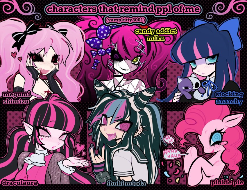 5girls, @_@, \m/, animal, ascot, big_hair, black_hair, black_sclera