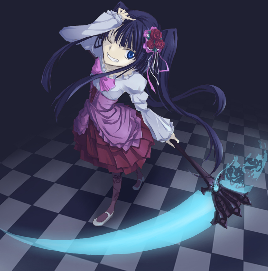 1girl, ars, blue_eyes, blue_hair, bow, checkered_floor, dress, female_focus