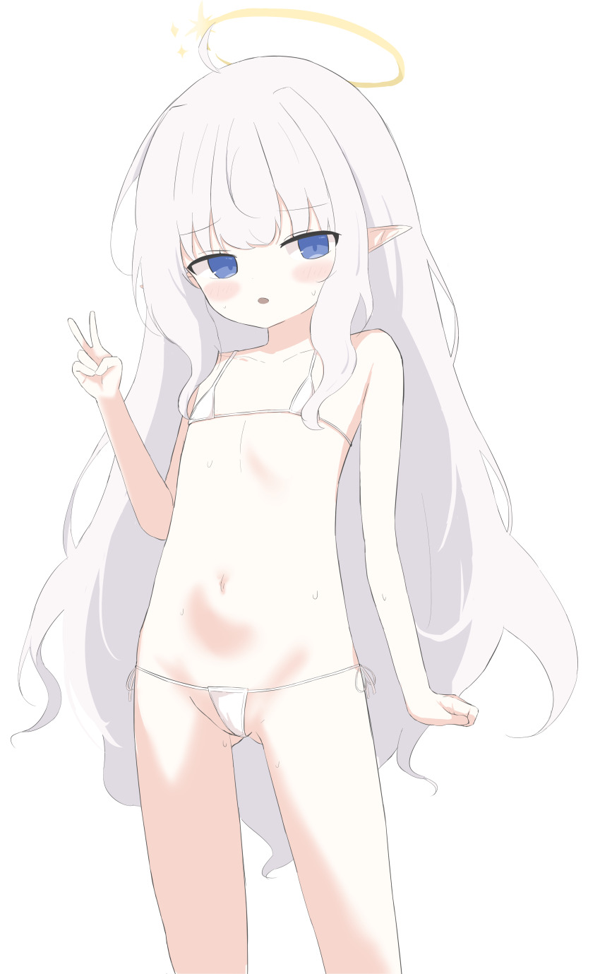 1girl, absurdres, bikini, blue_eyes, character_request, check_character, check_copyright, copyright_request, halo, highres, loli, long_hair, micro_bikini, navel, pointy_ears, simple_background, solo, swimsuit, user_yths2234, v, white_hair, yellow_halo