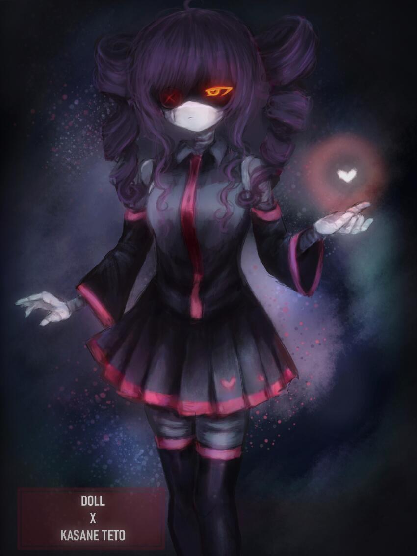 1girl, absurdres, android, closed_mouth, cosplay, doll_(murder_drones), drill_hair, highres, idk_butterfly, kasane_teto, kasane_teto_(cosplay), kasane_teto_(utau), long_hair, looking_at_viewer, murder_drones, purple_hair, red_eyes, shirt, sidelocks, simple_background, skirt, solo, twin_drills, utau, very_long_hair