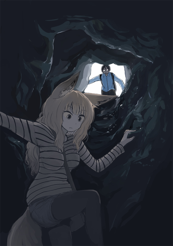 1boy, 1girl, animal_ear_fluff, animal_ears, batta_(kanzume_quality), black_hair, blonde_hair, blue_shirt, cave, cave_interior, climbing, commentary_request, dark, denim, denim_shorts, facing_viewer, fox_ears, fox_girl, fox_tail, fox_wife_(batta_(kanzume_quality)), from_below, glasses, husband_(batta_(kanzume_quality)), kitsune_no_oyome-chan, looking_down, paid_reward_available, shirt, shorts, shoulder_strap, striped_clothes, striped_shirt, tail
