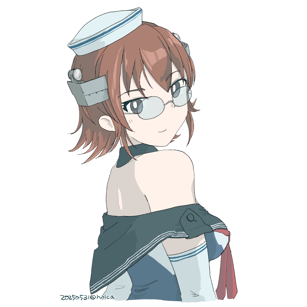 1girl, bespectacled, black_sailor_collar, breasts, brown_eyes, brown_hair, dixie_cup_hat, flipped_hair, from_behind, glasses, halca_(technodrome), hat, headgear, kantai_collection, medium_breasts, military_hat, neckerchief, off-shoulder_shirt, off_shoulder, red_neckerchief, richard_p._leary_(kancolle), sailor_collar, sailor_shirt, shirt, short_hair, simple_background, solo, two-tone_shirt, upper_body, white_background, white_hat