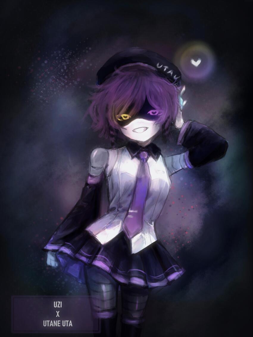 1girl, absurdres, android, bare_shoulders, closed_mouth, cosplay, detached_sleeves, hat, heterochromia, highres, humanoid_robot, idk_butterfly, looking_at_viewer, mechanical_arms, murder_drones, necktie, purple_eyes, purple_hair, robot, shirt, short_hair, simple_background, skirt, smile, utane_uta, utane_uta_(cosplay), utau, uzi_(murder_drones), white_background