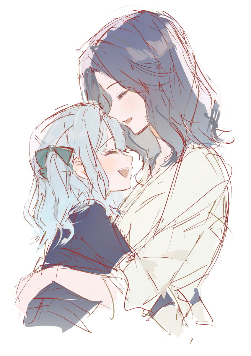 2girls, absurdres, bang_dream!, bang_dream!_it's_mygo!!!!!, black_hair, blue_hair, blue_shirt, closed_eyes, commentary_request, green_ribbon, hair_ribbon, highres, hiyokoda, hug, korean_commentary, medium_hair, mother_and_child, mother_and_daughter, multiple_girls, open_mouth, parent_and_child, ribbon, shirt, simple_background, teeth, togawa_mizuho, togawa_sakiko, upper_teeth_only, white_background, white_shirt