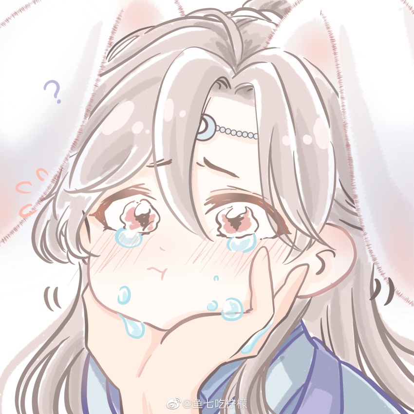 1boy, :t, ?, animal_ears, baishuo_(shining_nikki), blue_hanfu, blush, brown_hair