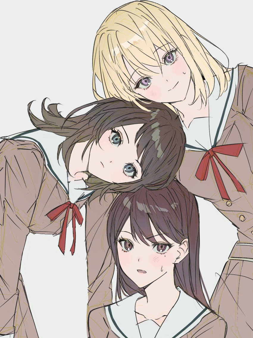 3girls, bang_dream!, bang_dream!_it's_mygo!!!!!, black_hair, blonde_hair, blue_eyes, brown_dress, closed_mouth