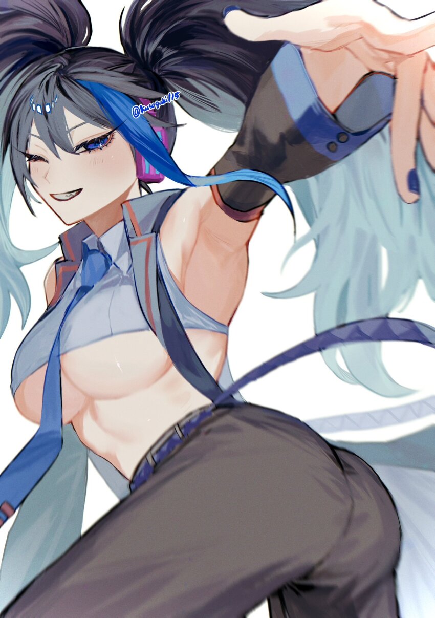 1girl, armpits, ass, belt, black_hair, blue_belt, blue_eyes, blue_hair