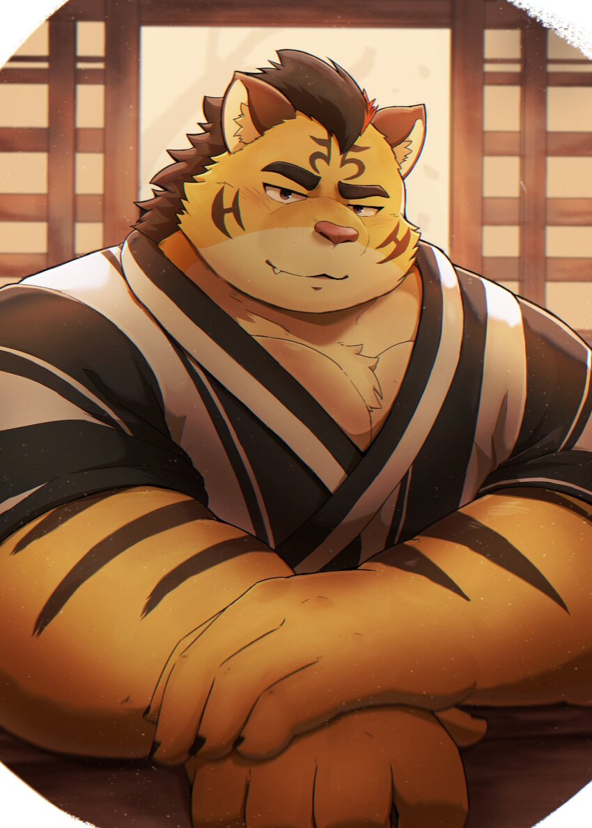1boy, animal_ears, bara, blush, claws, closed_mouth, commentary_request, fang