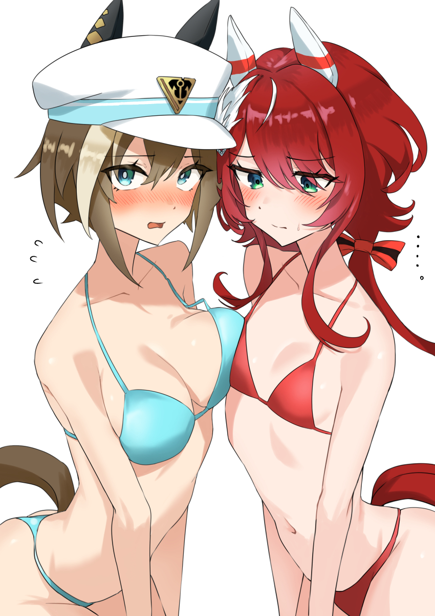 2girls, absurdres, animal_ears, anok7456, aqua_bikini, asymmetrical_docking, bikini, blue_eyes