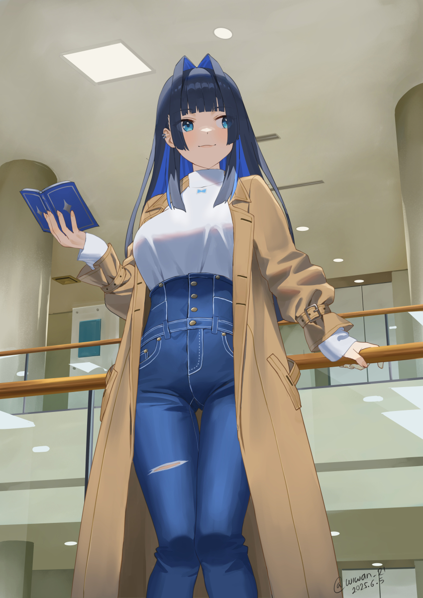 1girl, absurdres, against_railing, blue_eyes, blue_hair, blue_pants, blunt_bangs, book, breasts, brown_coat, coat, dated, denim, dscreation_(alan_dwi29), earclip, hair_intakes, high-waist_pants, highres, holding, holding_book, hololive, hololive_english, indoors, jeans, large_breasts, long_hair, looking_to_the_side, ouro_kronii, ouro_kronii_(casual), pants, railing, shirt, shirt_tucked_in, signature, solo, thigh_gap, torn_clothes, torn_jeans, torn_pants, trench_coat, turtleneck, turtleneck_shirt, virtual_youtuber, white_shirt