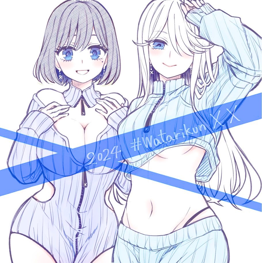 2girls, arm_up, breasts, cleavage, clothing_cutout, detached_collar, earrings, eyelashes