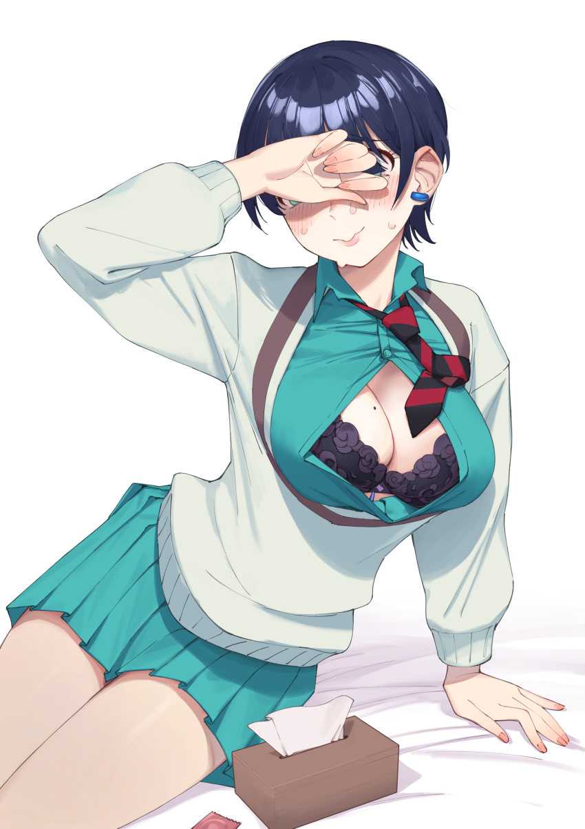 1girl, amate_yuzuriha, amate_yuzuriha_(cosplay), aqua_skirt, black_bra, blue_hair, bra, breasts, cleavage, cosplay, covering_face, earrings, gundam, gundam_gquuuuuux, highres, jewelry, mature_female, medium_breasts, mole, mole_on_breast, on_bed, open_clothes, open_shirt, rikuhito_juusan, school_uniform, short_hair, skirt, solo, tamaki_yuzuriha, underwear