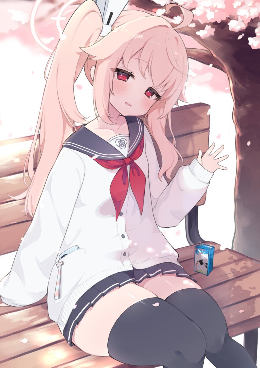 1girl, ahoge, ascot, bench, black_thighhighs, blue_archive, blush, cellphone