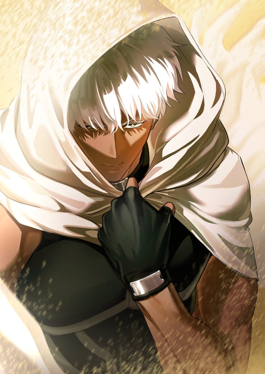1boy, absurdres, archer_(fate), armor, black_gloves, cloak, dark_skin, fate/stay_night
