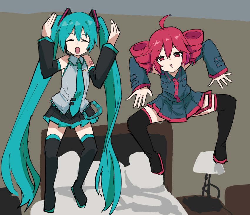 2girls, :d, :o, ^_^, ahoge, aqua_hair, aqua_necktie, arm_tattoo, arms_up, bed, black_boots, black_skirt, boots, closed_eyes, detached_sleeves, drill_hair, grey_shirt, hands_up, hatsune_miku, headset, highres, indoors, jumping, kasane_teto, kasane_teto_(utau), lamp, long_hair, long_sleeves, looking_at_viewer, meme, multiple_girls, necktie, open_mouth, photo-referenced, pleated_skirt, red_eyes, red_hair, shirt, skirt, sleeveless, sleeveless_shirt, smile, tattoo, tenten_(chan4545), thigh_boots, twin_drills, twintails, utau, very_long_hair, vocaloid, youkai_gyaru_(meme)