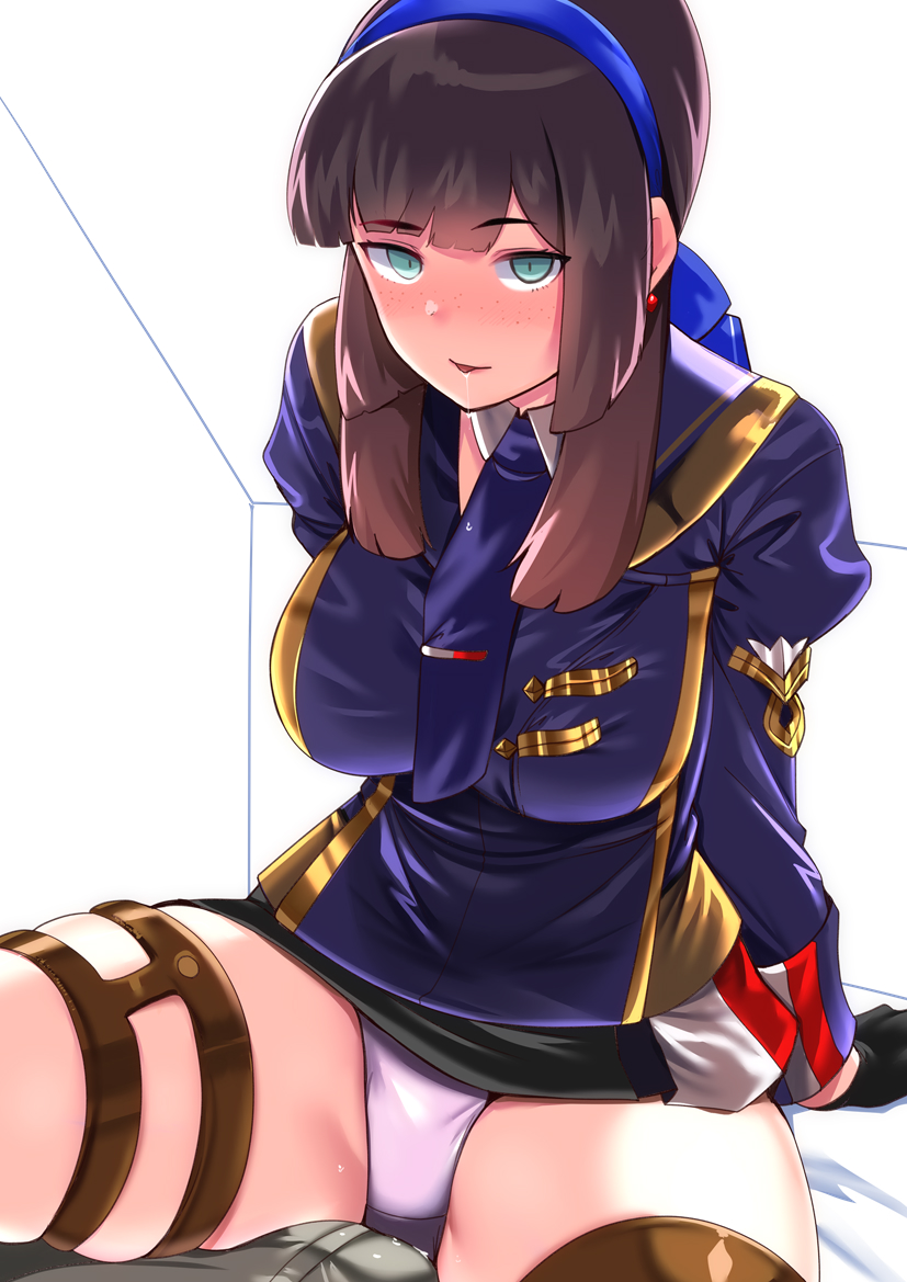 1girl, admiral_(kancolle), black_hair, black_skirt, blue_hairband, blue_necktie, blue_ribbon, freckles, girl_on_top, gloves, green_eyes, hair_ribbon, hairband, jacket, kantai_collection, long_hair, looking_at_viewer, mogador_(kancolle), mogador_kai_(kancolle), necktie, panties, pleated_skirt, ribbon, skirt, solo, thighhighs, tirasi_(so), two-tone_legwear, underwear, white_gloves, white_panties