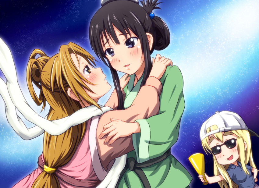3girls, akiyama_mio, black_hair, brown_eyes, brown_hair, chinese_clothes, cosplay, diesel-turbo, feixianji_(hairstyle), hair_rings, hikoboshi, hikoboshi_(cosplay), k-on!, kotobuki_tsumugi, long_hair, megaphone, multiple_girls, orihime_(cosplay), orihime_(tanabata), robe, short_hair, sunglasses, tainaka_ritsu, tanabata, yuri