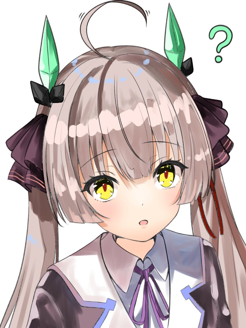 1girl, ?, absurdres, ahoge, blunt_bangs, heaven_burns_red, highres, horns