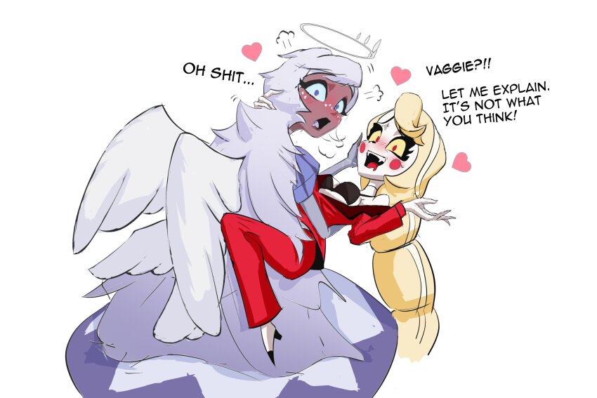 2girls, absurdres, angel_wings, blonde_hair, blush, blush_stickers, charlie_morningstar, colored_sclera, colored_skin, dark-skinned_female, dark_skin, emily_(hazbin_hotel), english_text, fangs, grey_hair, grimmie02, halo, hazbin_hotel, heart, hellaverse, high_heels, highres, jacket, long_hair, multi-tied_hair, multiple_girls, pants, red_eyes, red_jacket, red_pants, shoes, simple_background, teeth, upper_teeth_only, white_background, white_skin, wings, yellow_sclera, yuri