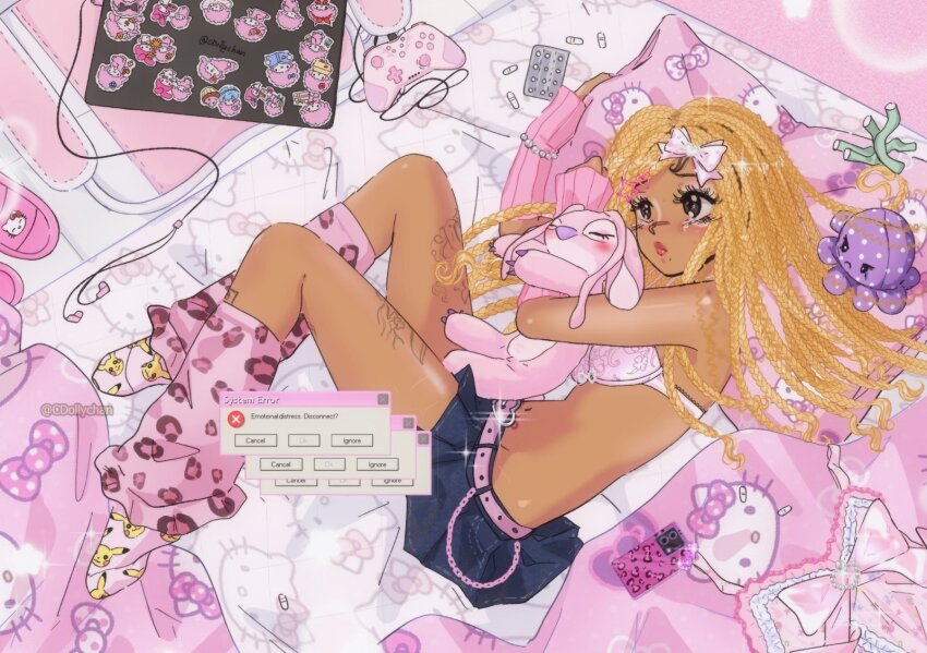 1girl, angel_(lilo_&amp;_stitch), animal_print, belt, blonde_hair, bow, bra, cdollychan