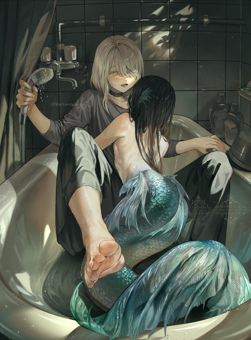 2others, androgynous, barefoot, bathroom, bathtub, black_choker, black_hair, black_pants