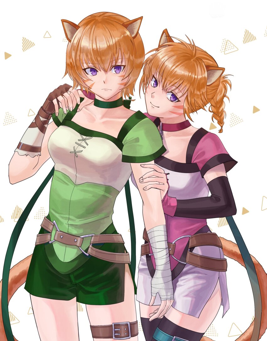 2girls, absurdres, animal_ears, belt, braid, breasts, brown_belt, cat_ears