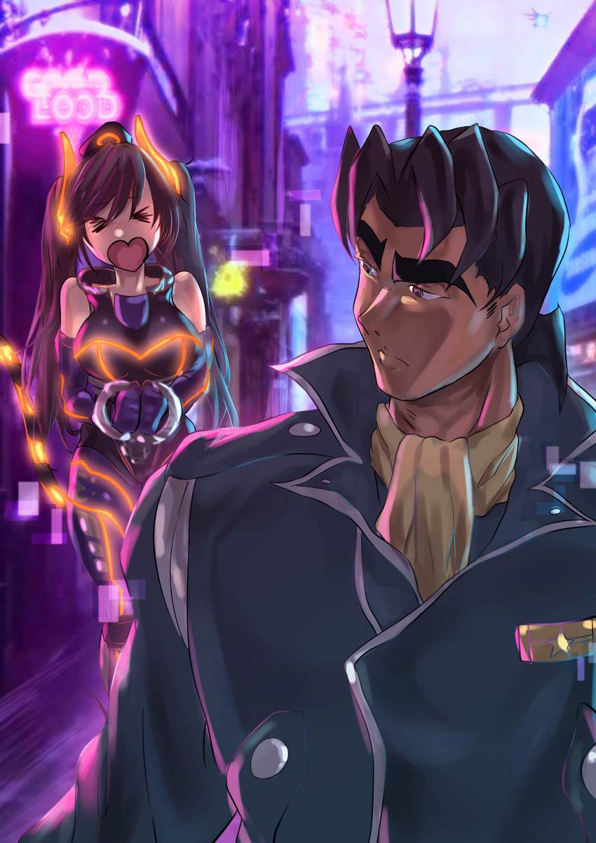 >_<, 1boy, 1girl, absurdres, black_hair, breasts, brown_hair, closed_mouth