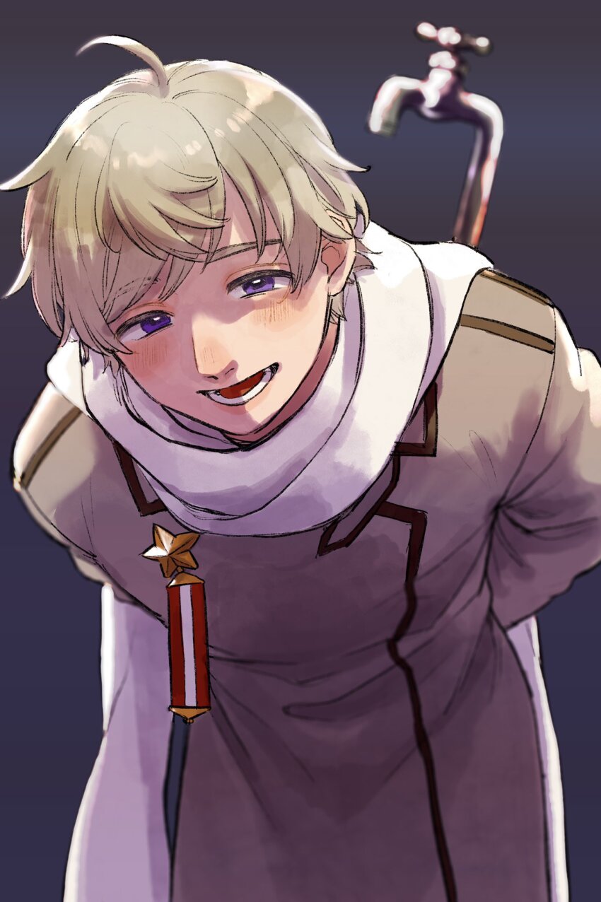1boy, arms_behind_back, axis_powers_hetalia, blonde_hair, blush, coat, collared_coat, commentary_request